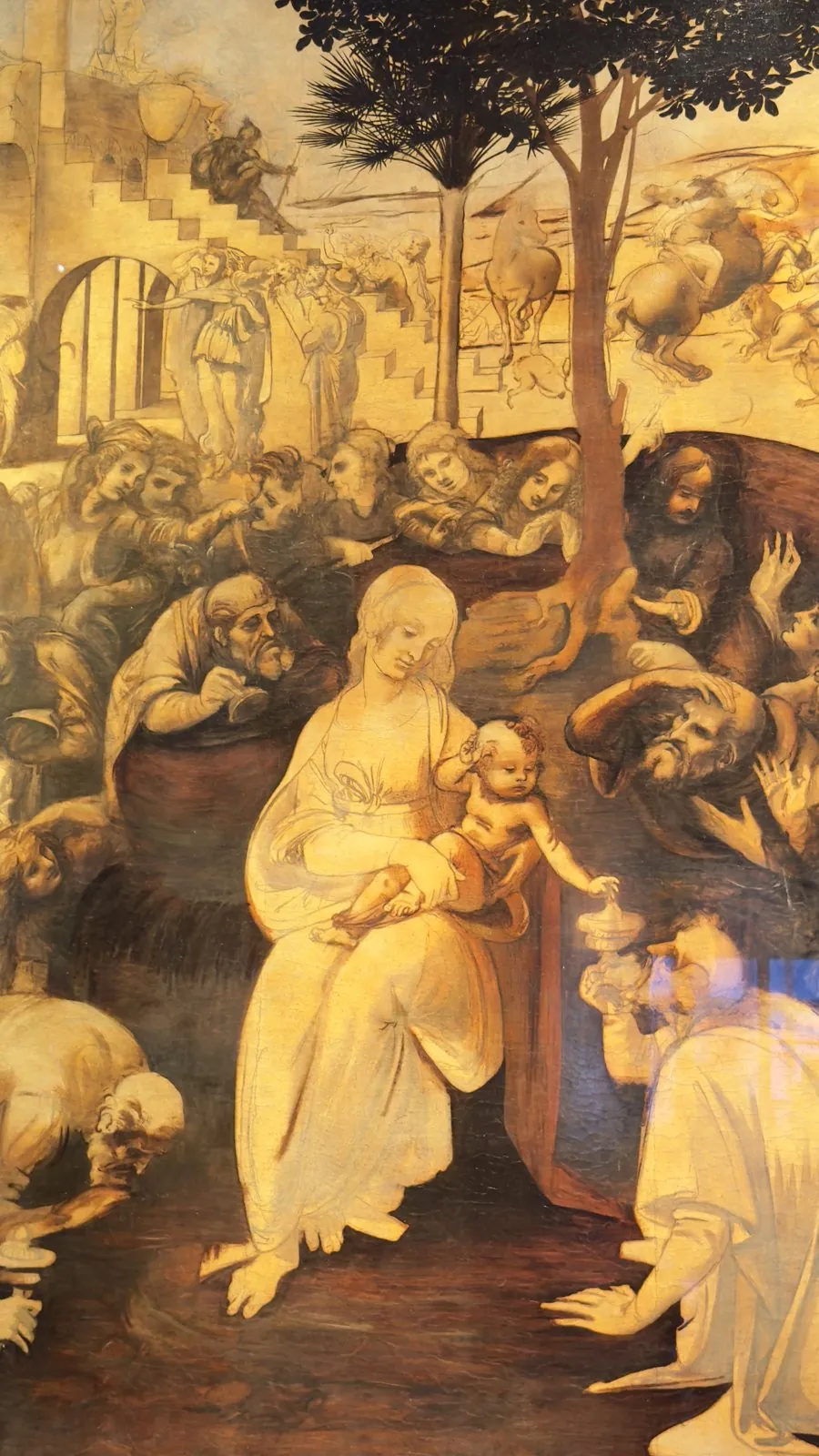 Detalhe da Adoração dos Magos, pintura inacabada de Leonardo da Vinci, com o desenho visível sob a tinta