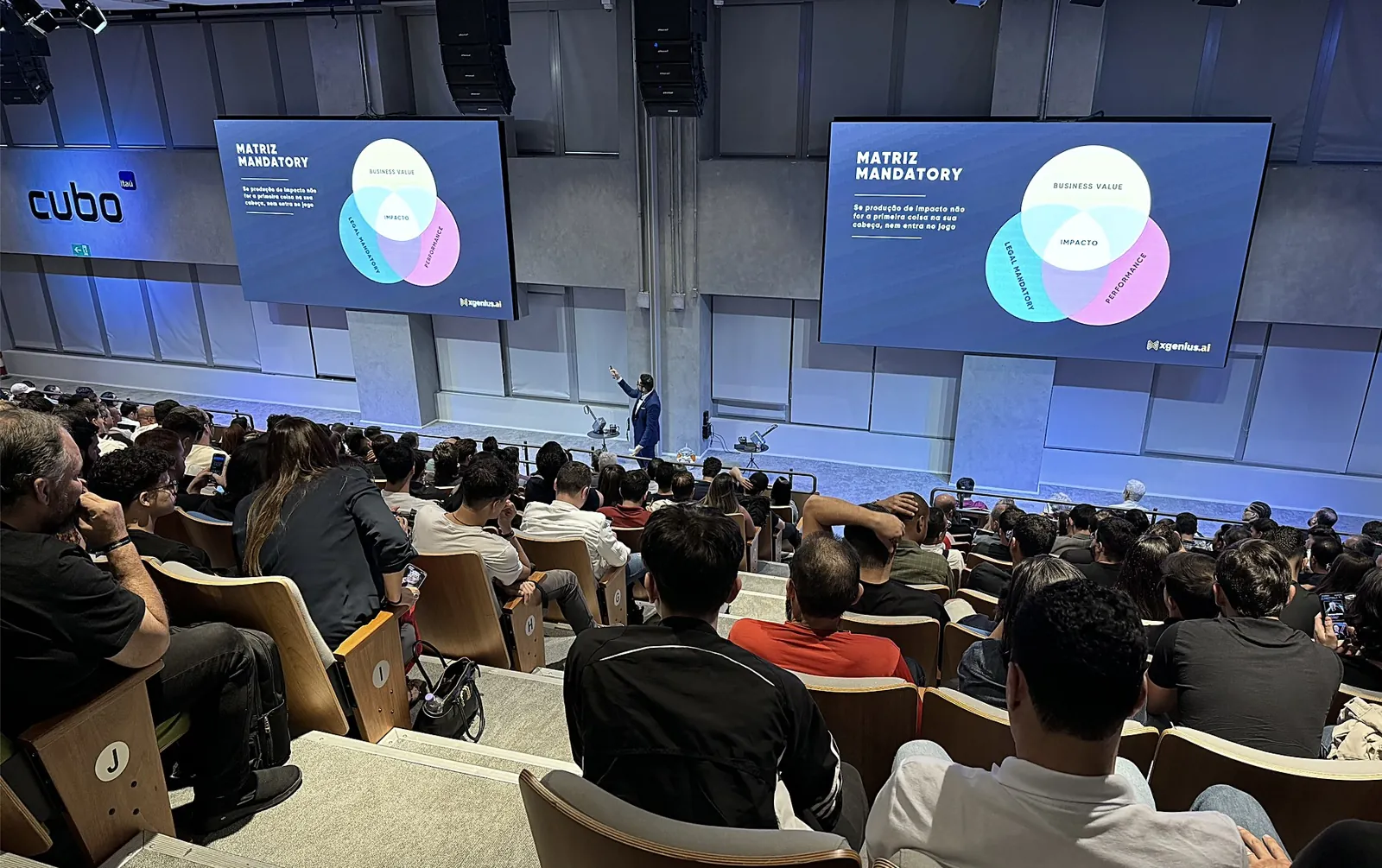 Vagner Campos no palco do auditório do Cubo Itaú, apontando para o slide Matriz Mandatory, diante de uma plateia cheia