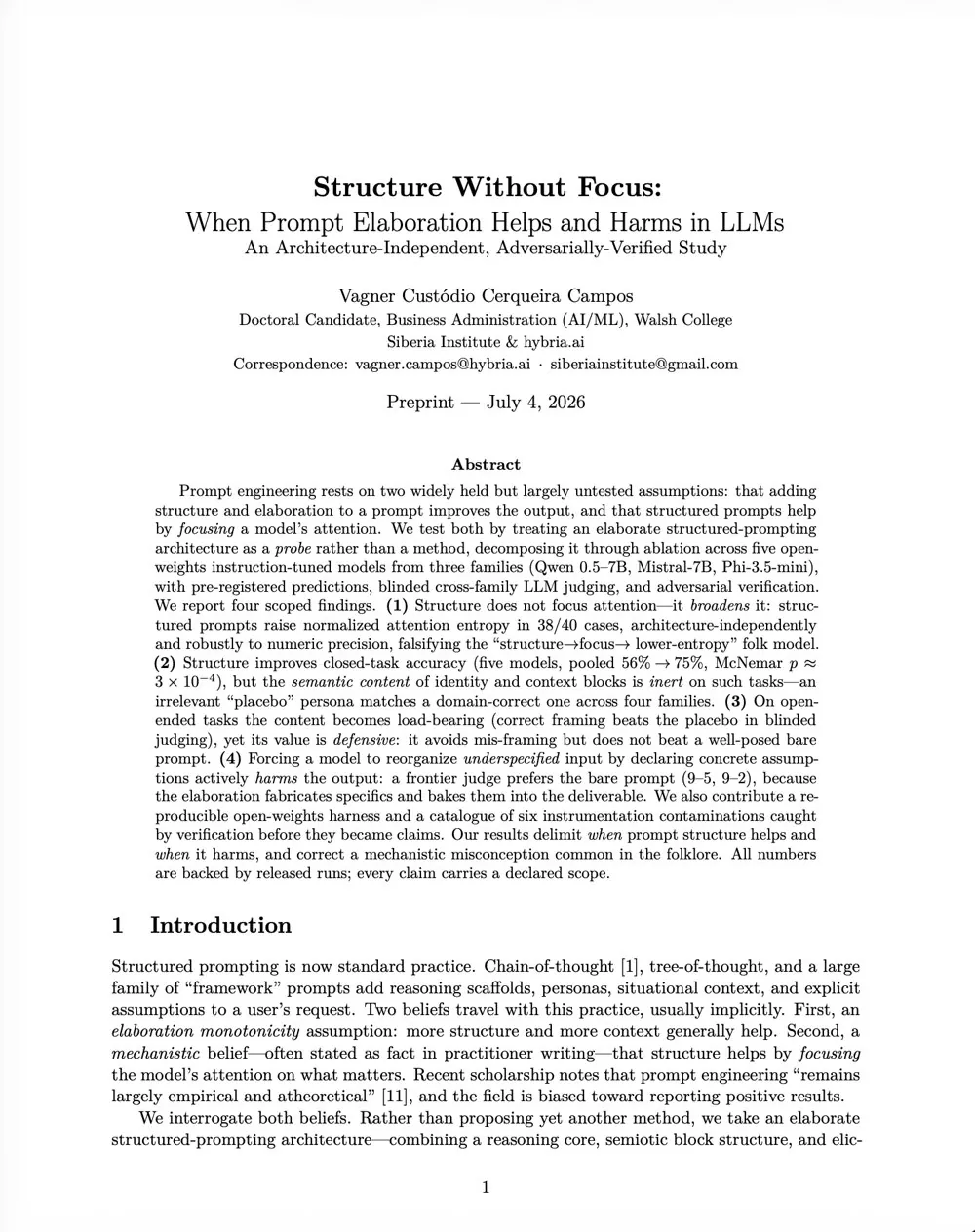 Primeira página do preprint Structure Without Focus, de Vagner Custódio Cerqueira Campos, com título, afiliação e resumo